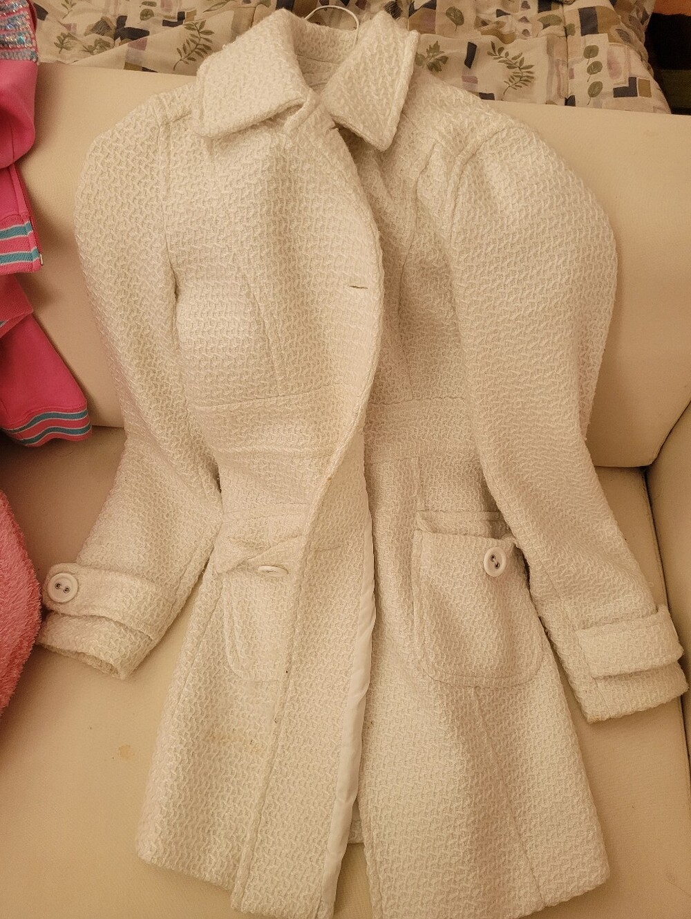 Women's Cream Textured Bouclé Coat